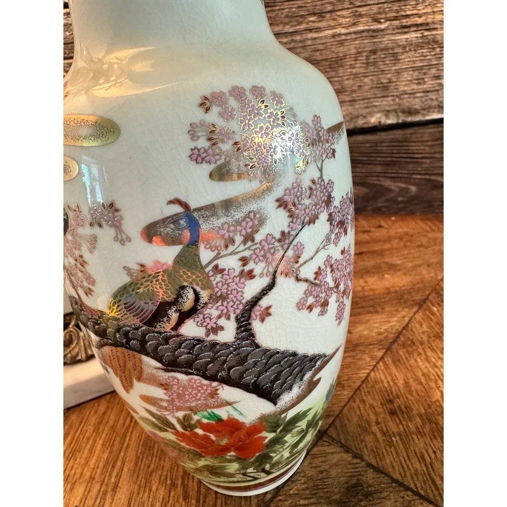 Vintage Satsuma Style Peacock Temple Vase Ginger Jar Gold Moriage 15 Inch
